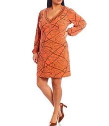 MICHAEL Michael Kors Plus Size Belted Logo Chain Print Lux Eco Matte Jersey V-Neck A-Line Dress