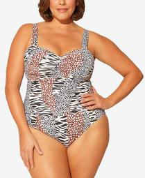 Plus Size Animal-Print Shirred Underwire One-Piece Swimsuit