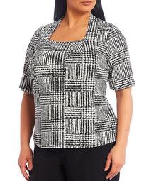 Plus Size Elbow Sleeve Square Neck Houndstooth Glen Plaid Moss Crepe Top