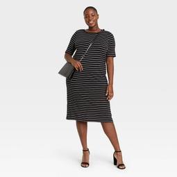 Women's Plus Size Short Sleeve Striped Knit Swing Dress - Ava & Viv™ Black
