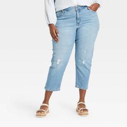 Women's Plus Size High-Rise Cropped Distressed Straight Jeans - Ava & Viv™ Light Wash