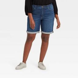 Women's Plus Size Roll Cuff Midi Jean Shorts - Ava & Viv™ Dark Wash 