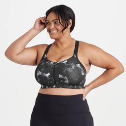 Women's Plus Size Camo Print High Support Zip-Front Bra - All in Motion™ Black