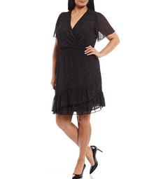 MICHAEL Michael Kors Plus Size Tonal Shimmer Crinkle Georgette Flutter Sleeve Faux Wrap Dress