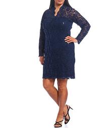 Plus Size Long Sleeve Stretch Lace V-Neck Sheath Dress