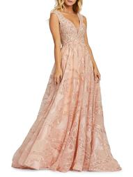 Plunging Neckline Sequin-Embellished A-Line Gown