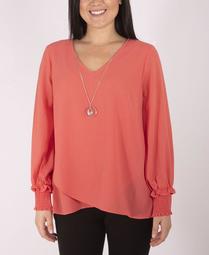 Plus Size Long Sleeve Overlapping Crepe Top with Necklace