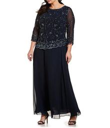 Plus Size Beaded Scalloped Bodice 3/4 Sleeve Chiffon Gown