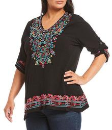 Plus Size Crinkle Woven Embroidered V-Neck 3/4 Sleeve Tunic