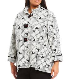 Plus Size Geo Jacquard Knit Button Front Jacket