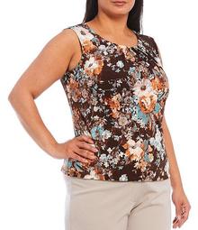 Plus Size Blurred Floral Print Matte Jersey Pleat Neck Sleeveless Top