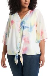 Watercolor Tie Front Bell Sleeve Chiffon Top