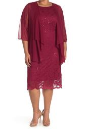 Sequin Lace Midi Dress & Mesh Jacket Overlay 2-Piece Set