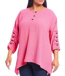 Plus Size Crinkle Woven Tuck Detail 3/4 Sleeve Tunic