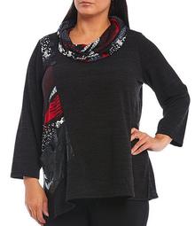 Plus Size Cowl Neck Long Sleeve Abstract Print Sweater Knit Top with Large Button Pocket