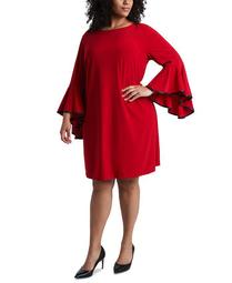 Plus Size Faux-Leather-Piped Bell-Sleeve Shift Dress