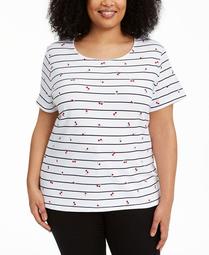 Plus Size Cherry-Print Striped Top, Created for Macy's