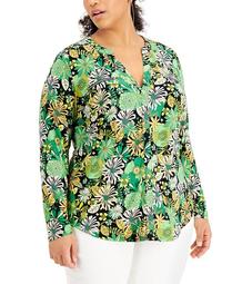 INC Plus Size Vibrant Floral Zip-Pocket Top, Created for Macy's