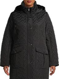 Big Chill Women's Plus Size Basket Weave Quilted Faux Memory Anorak with Hood