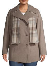 F.O.G. Women's Plus Size Double Breasted Wool Coat With Scarf
