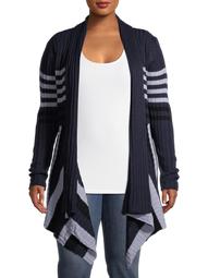 What's Next Women's Plus Size Ribbed Striped Flyaway Cardigan