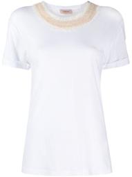 pearl-embellished neck T-shirt