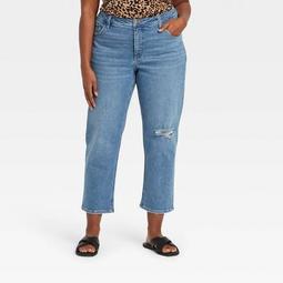 Women's Plus Size Mid-Rise Knee Distressed Slim Straight Jeans - Ava & Viv™