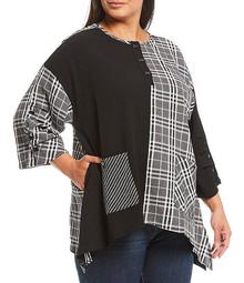 Plus Size Plaid Colorblock Crinkle Woven Tuck Detail 3/4 Sleeve Tunic