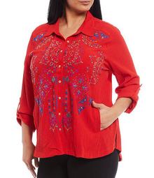Plus Size Embroidery Button Down Long Sleeve Tunic Shirt
