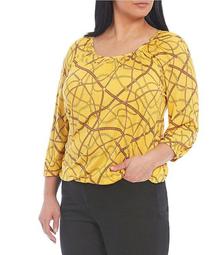 MICHAEL Michael Kors Plus Size Belted Logo Chain Print Knit Jersey Scoop Neck 3/4 Sleeve Peasant Top