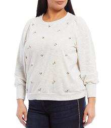 Plus Size Embellished Blouson Sleeve Knit Sweatshirt