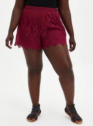 Red Wine Mesh Embroidered Pull-On Short