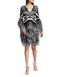 Zebra-Stripe Sequin & Ostrich Feather Cocktail Dress