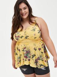 Yellow Floral Gauze Lace Inset Babydoll Tank