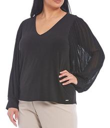 Plus Size Solid Matte Jersey V-Neck Pleated Chiffon Blouson Sleeve Top