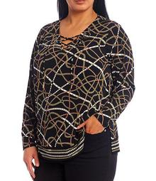 MICHAEL Michael Kors Plus Size Belted Logo Chain Print Lux Matte Jersey Lace-Up V-Neck Long Sleeve Top