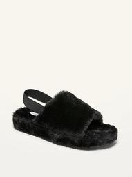 Plush Faux-Fur Open-Toe Platform Slippers for Women