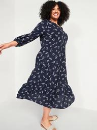 Floral-Print Textured-Dobby Plus-Size Midi Swing Dress
