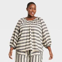 Women's Striped Balloon 3/4 Sleeve Top - Who What Wear™ Gray/White