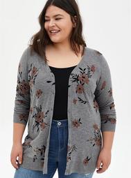 Heather Grey Floral Button Front Cardigan Sweater