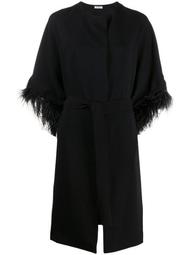 feather-embellished belted coat
