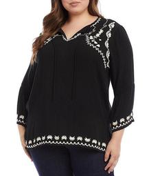 Plus Size Contrast Embroidery V-Neck Bell Sleeve Tunic