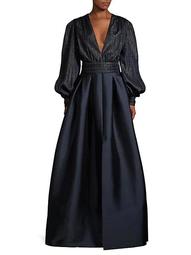 Lauren Jacquard Puff-Sleeve A-Line Gown