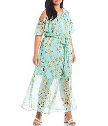 Plus Size Cold Shoulder Short Sleeve Floral Printed Maxi Dress