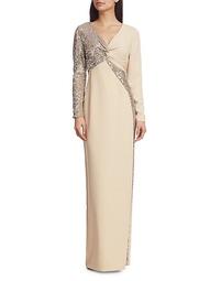 Long-Sleeve Sequin Front-Twist Gown