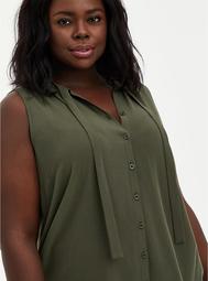 Olive Crepe Tie Front Button Front Top