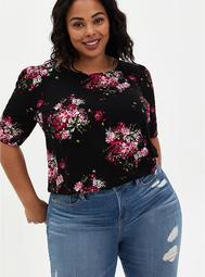 Black Floral Rayon Crepe Ruched Blouse