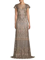 Sequin-Embellished Openwork Lace Gown