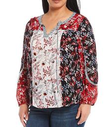 Plus Size Red Floral Print Long Bubble Sleeve Top
