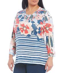 Plus Size Floral Stripe Placed Print 3/4 Sleeve Baby French Terry Knit Top
